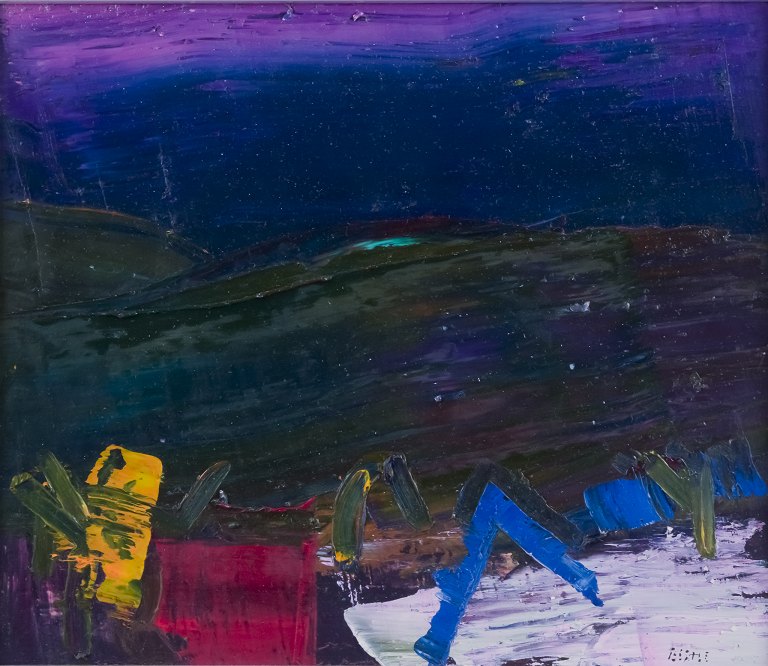 Lars Bertle (f. 1925), Svensk kunstner. 
Olie på plade. Abstrakt komposition.