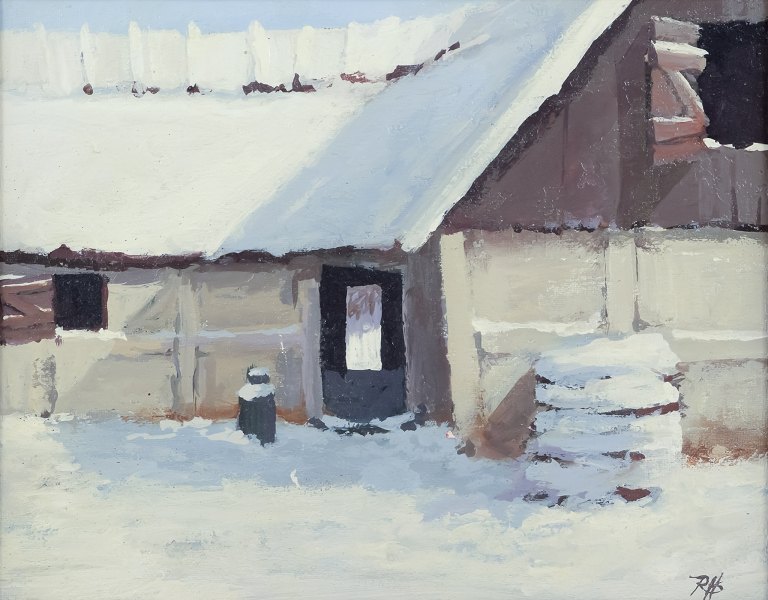 Roald Hansen (b. 1938), listed Danish painter.Oil on canvas.Exterior of farm, winter landscape.