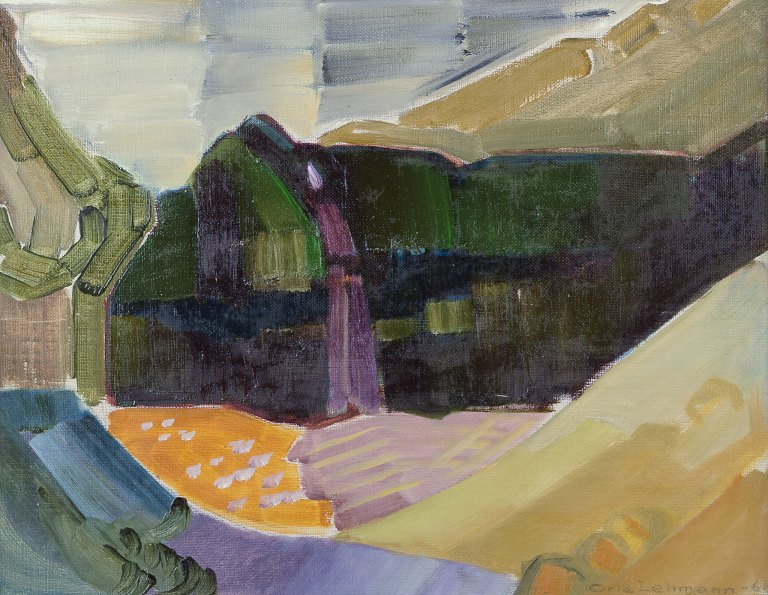 Orla Lehmann, svensk kunstner. 
Olie på malerplade.
Abstrakt landskab.