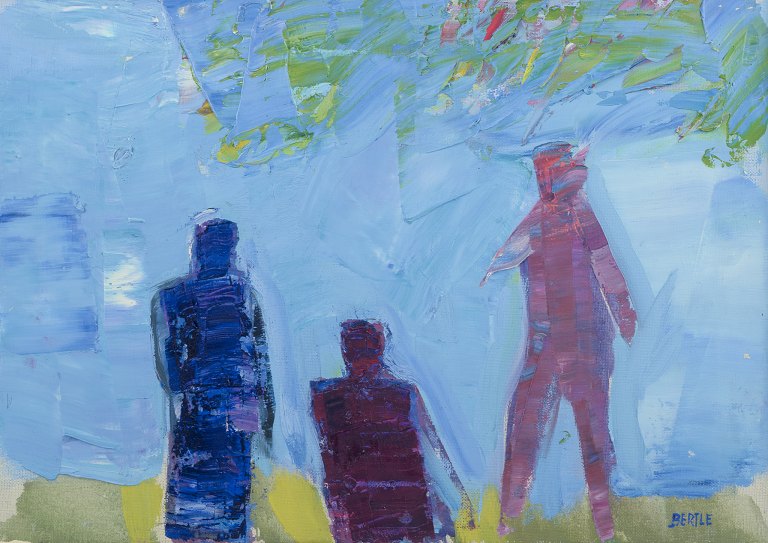 Lars Bertle, Svensk kunstner.
Olie på lærred.
Tre personer i landskab, abstrakt stil.
