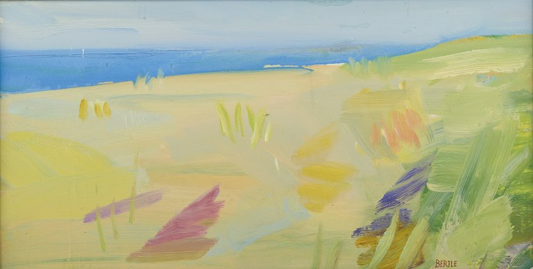 Lars Bertle, Svensk kunstner.
Olie på malerplade.
Abstrakt landskab med kyst, strand og klitter.