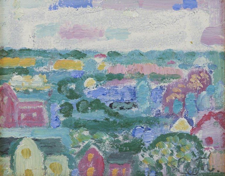 Leo Thellefsen (1909 - 1997), olie på plade. 
Modernistisk landskab.