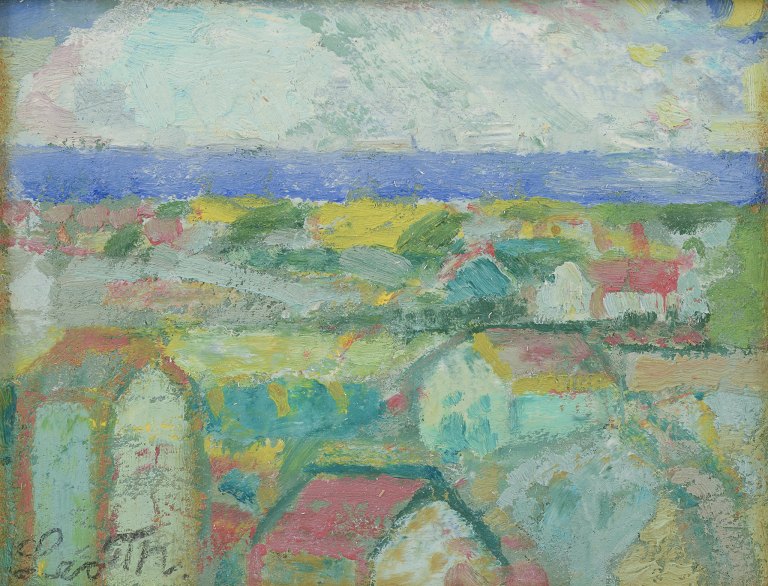 Leo Thellefsen (1909 - 1997), oil on board. Modernist landscape.