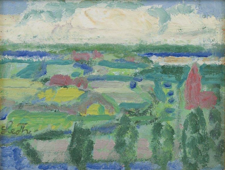 Leo Thellefsen (1909 - 1997), oil on board. 
Modernist landscape.