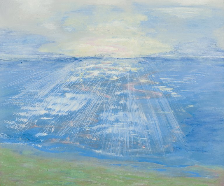 Ubekendt svensk kunstner, olie på plade.
Motiv af hav med solnedgang.