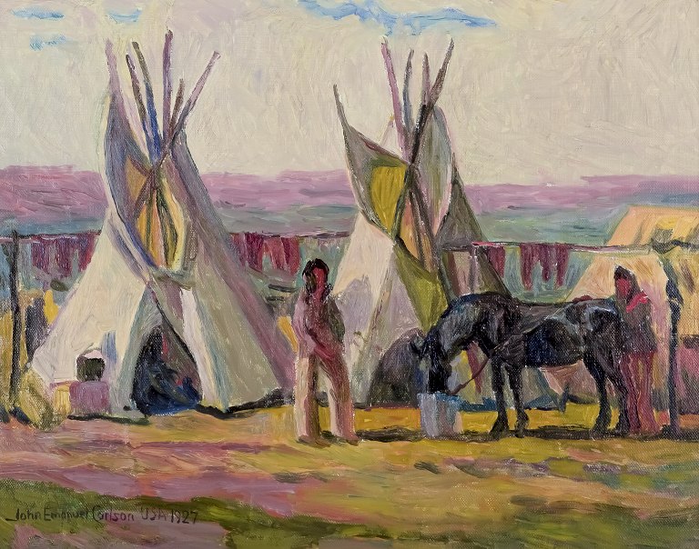 John Emanuel Carlson (born July 16, 1896, in Överselö – died March 31, 1979, in Sundbyberg), Swedish painter.Oil on board.Motif of camp with natives. Pine Ridge Reservation – USA.