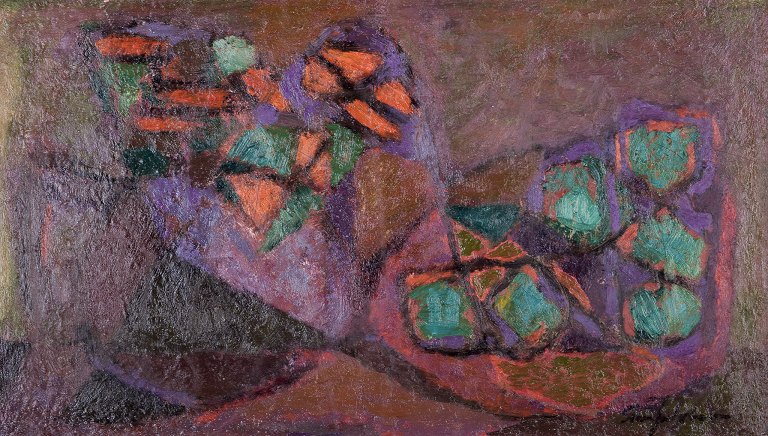 Sven Olof Jakobsson (1917-1952), svensk kunstmaler.
Olie på lærred.
Abstrakt stilleben.