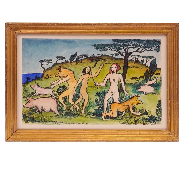 Hans Scherfig, 1905-79, mixed media. Indian ink and water color on paper. Signed 
and dated 1943. Visible size: 21x33,5cm. With frame: 28,5x41cm