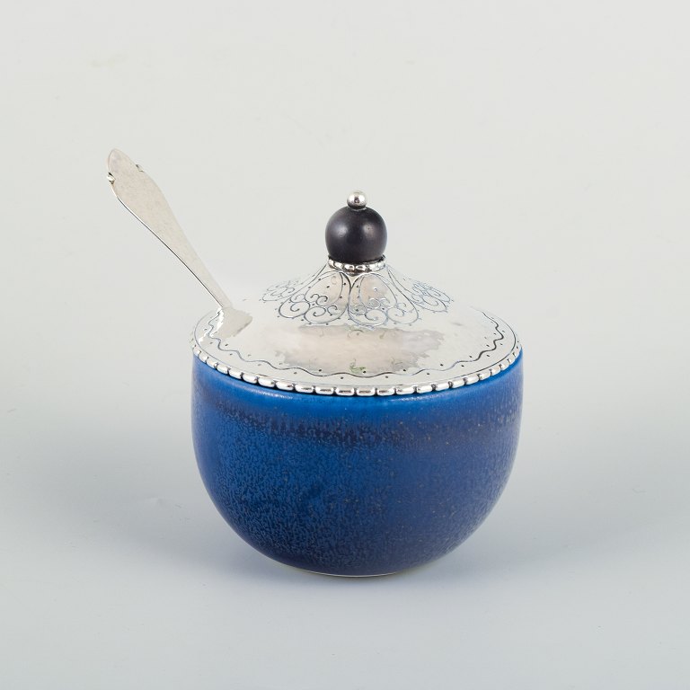 Wilhelm Kåge (1889–1960), Kåge Verkstad Gustavsberg, jam jar with matching Danish three-tower silver lid and silver spoon.