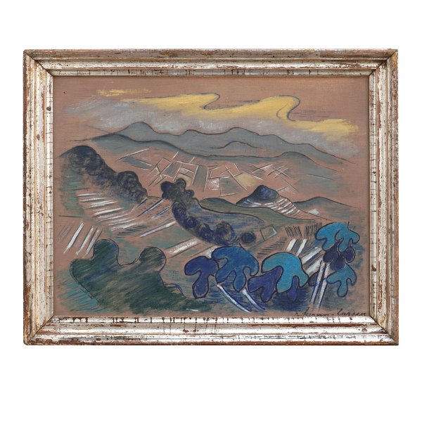 Rita Kernn Larsen, 1904-98, oil on wood. Landscape with mountains. Signed and 
dated 1948. Visible size: 25x35cm With frame: 31x38cm