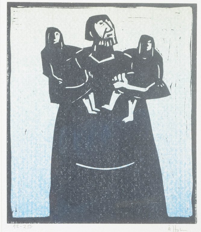 Åke Holm, Sverige.
Træsnit, "Laban och hans döttrar", 1978.