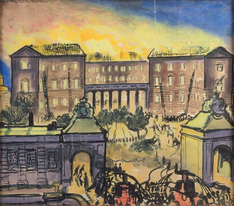 Anton Hansen.Akvarel.Christiansborg Slot i København under branden i 1884.