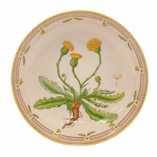Royal Copenhagen Flora Danica bowl #3505. "Leontodon hirtum Müll". Year 1979-83. 
H: 6cm. D: 25cm