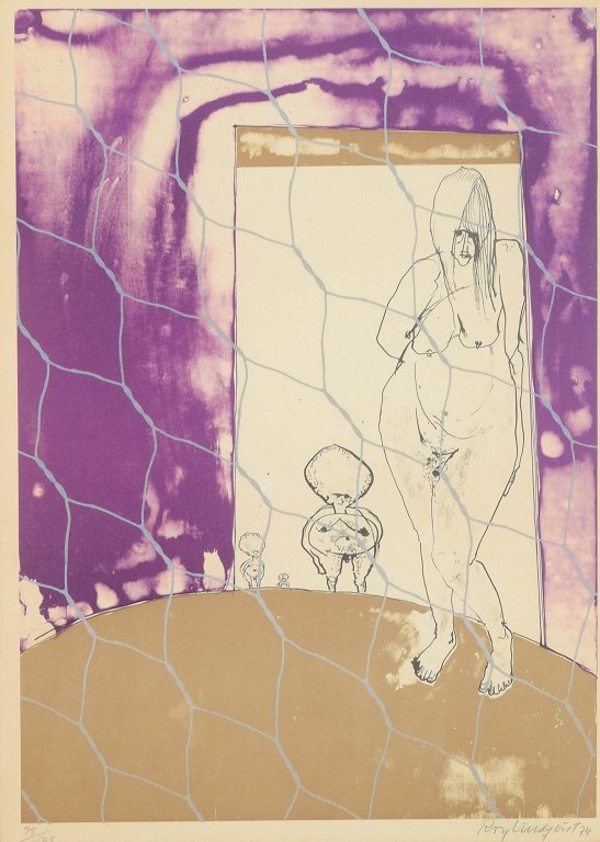 Roy Lindqvist
Komposition med nøgen kvinde og barn.
Litografi i farver.