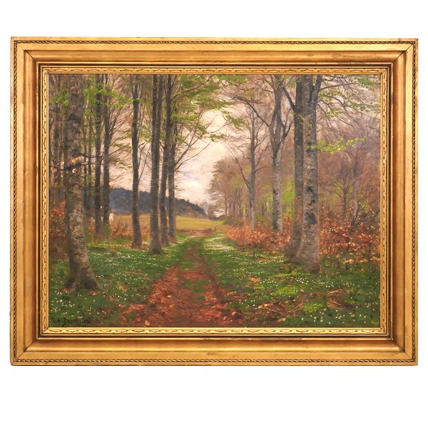 Hans Andersen Brendekilde, 1857-1942, oil on canvas. Forest on a spring day. 
Signed. Visible size: 89x115cm. With frame: 115x141cm