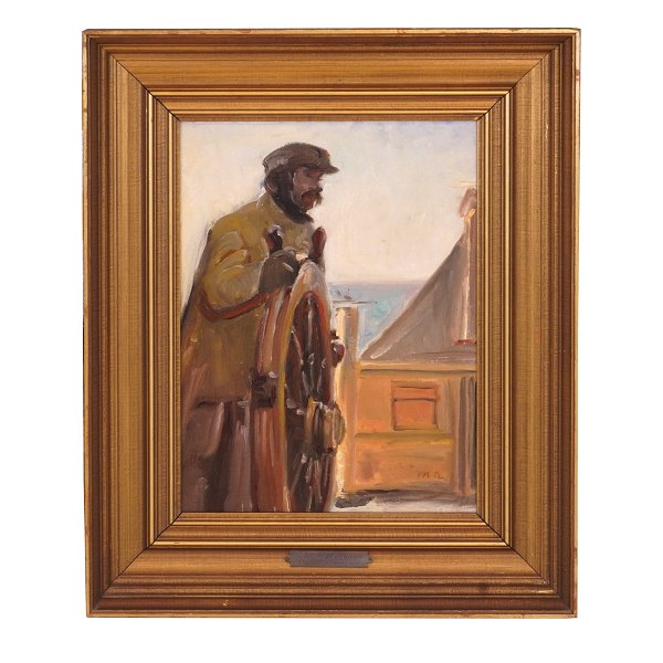 Michael Ancher painting. Michael Ancher, 1849-1927, oil on canvas. Signed "ma". 
Helmsman steering. Nice condition with two small restorations. Visible size: 
37x27cm. With frame: 55x45cm