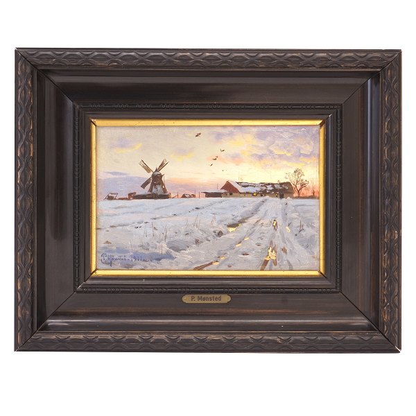 Peder Mønsted, 1959-1941, oil on canvas. Winter landscape. Signed and dated 1911. Visible size: 15x22cm. With frame: 31x38cm