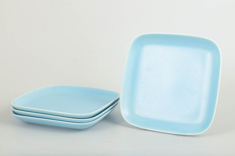 Höganäs Keramik, set of four dinner plates in turquoise glaze.