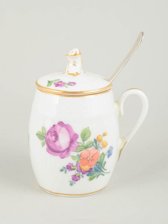 Royal Copenhagen, Saxon Flower mustard jar with lid and silver spoon.