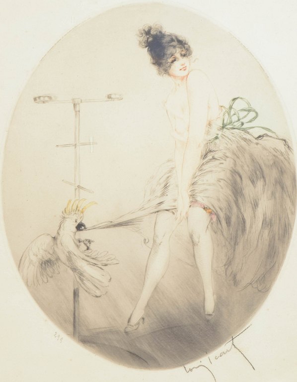 Louis Icart, colour etching “Jeune femme et perroquet”, listed French artist.