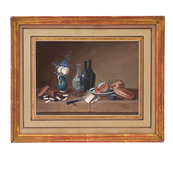 Johann Rudolf Lelong, 1779-1814, gouache.Signed "Lelong".Stillife with flowers, carafes etc.Visible size: 15x21,5cm. With frame: 26x31,5cm