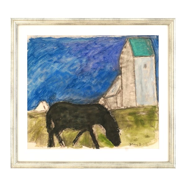 Jens Søndergaard, akvarel. Jens Søndergaard, 1895-1957, akvarel. Motiv med hest og kirke. Signeret og dateret 1953. Lysmål: 39x45cm. Med ramme: 52x56cm