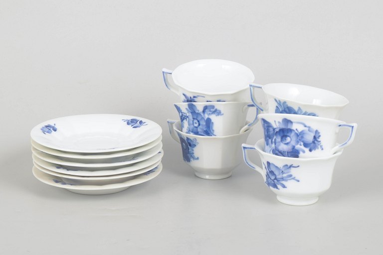 Royal Copenhagen, Blue Flower Angular, set of six coffee cups and saucers.