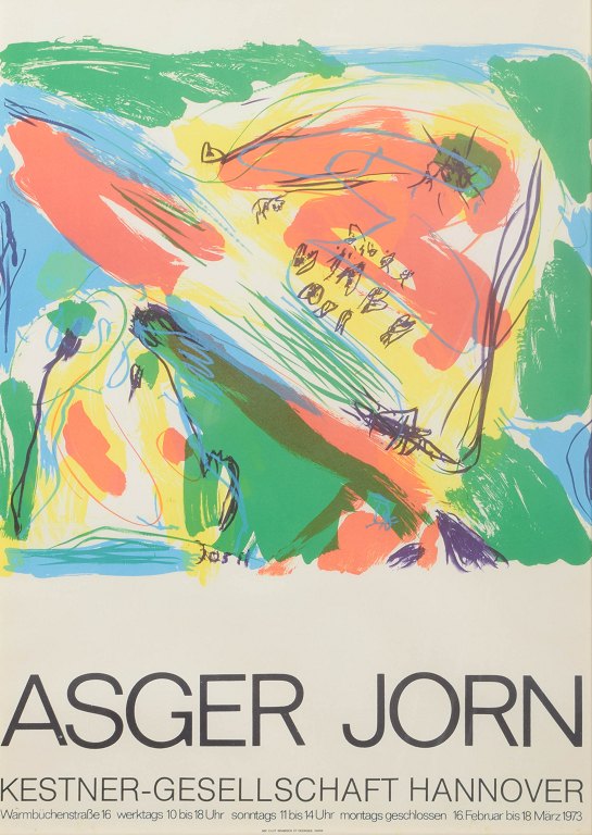Asger Jorn, farvelitografisk udstillingsplakat, listet dansk billedkunstner.